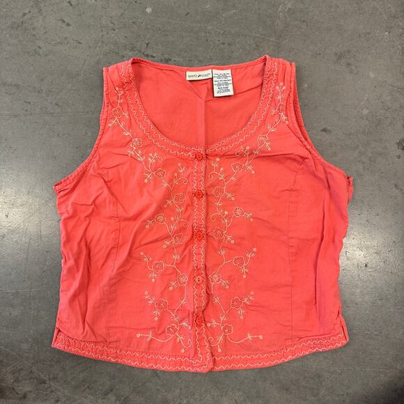 Vintage Y2K Salmon Embroidered Floral Fairy Button Up Tank Top Women's XL - Picture 1 of 5
